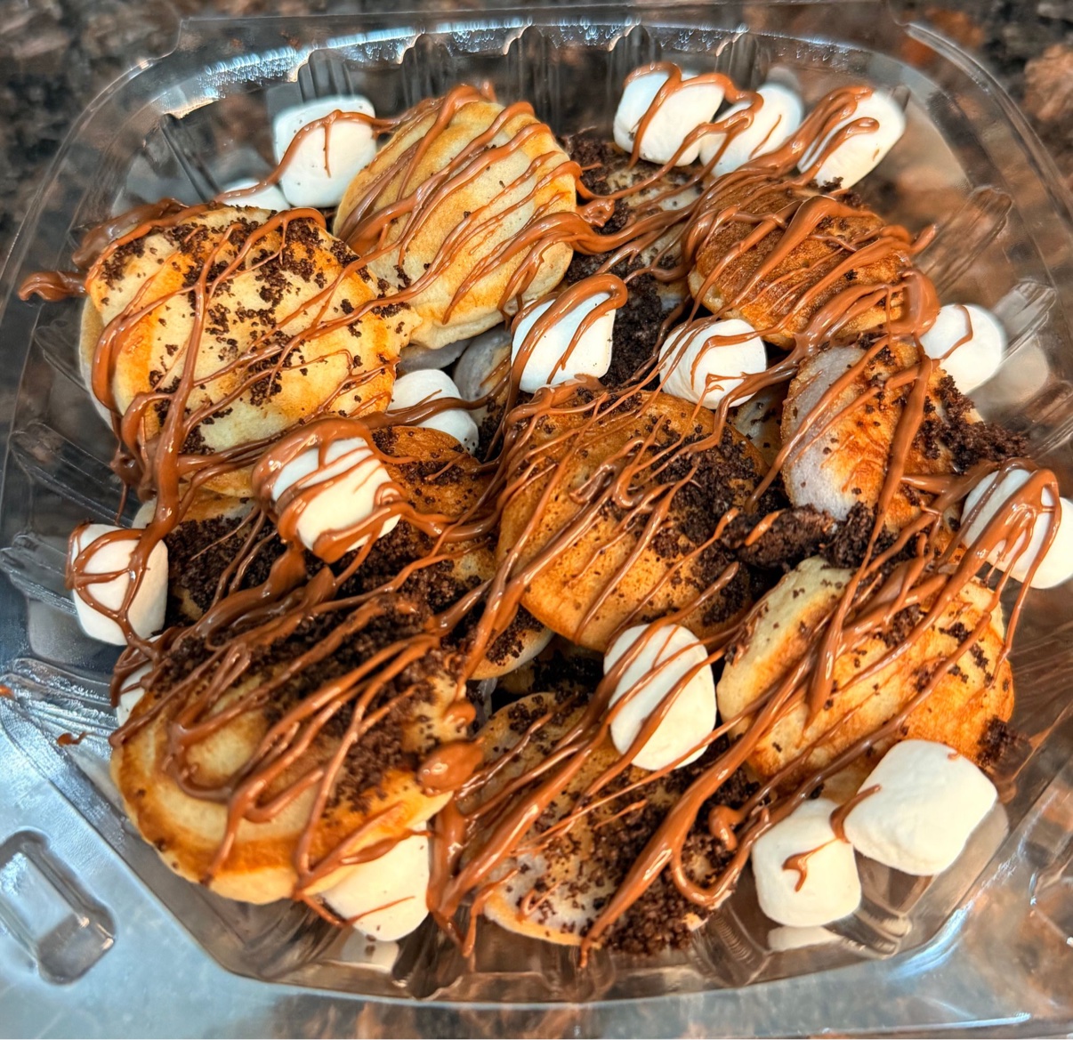 S'mores mini pancakes with Nutella, Oreo crumbs and marshmallows